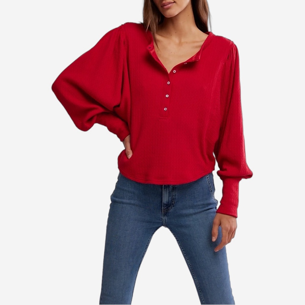 NWT Free People Quinn Knit Henley Thermal Top Size S Salsa Red Oversized